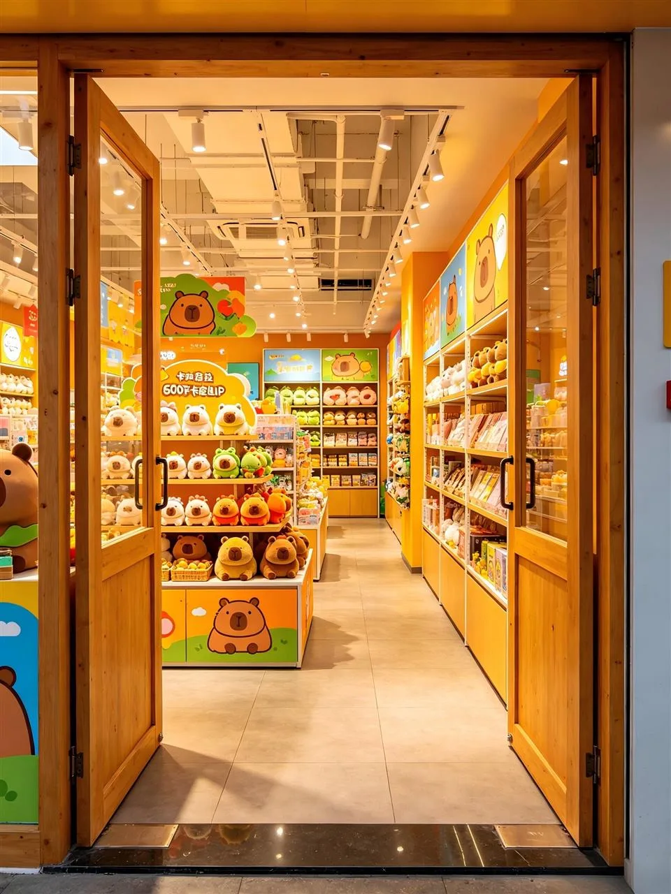 Warm Yellow Toy Shop Entrance and Narrow Aisle