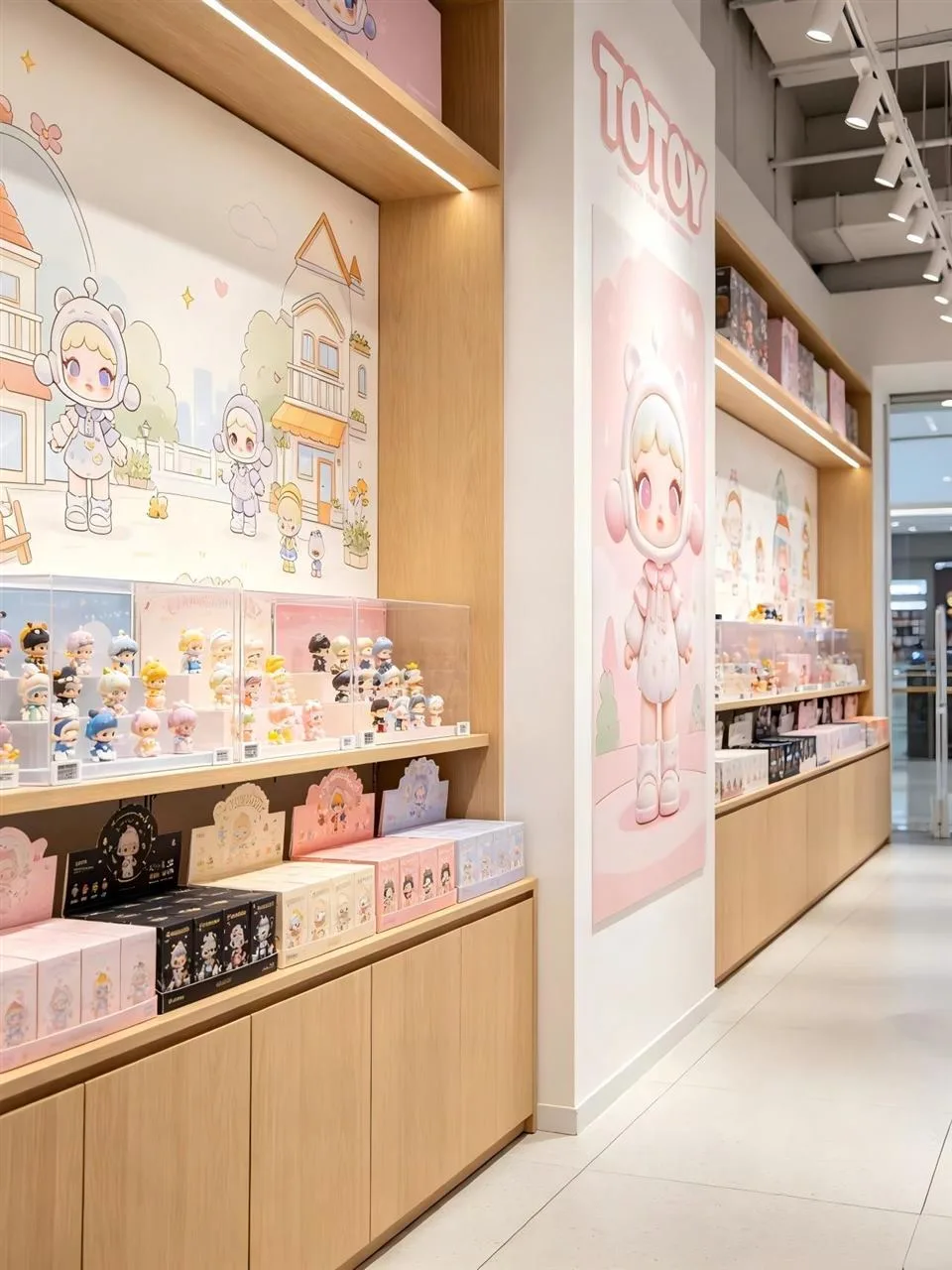 Warm Wood Toy Wall with Pink Graphic Insets