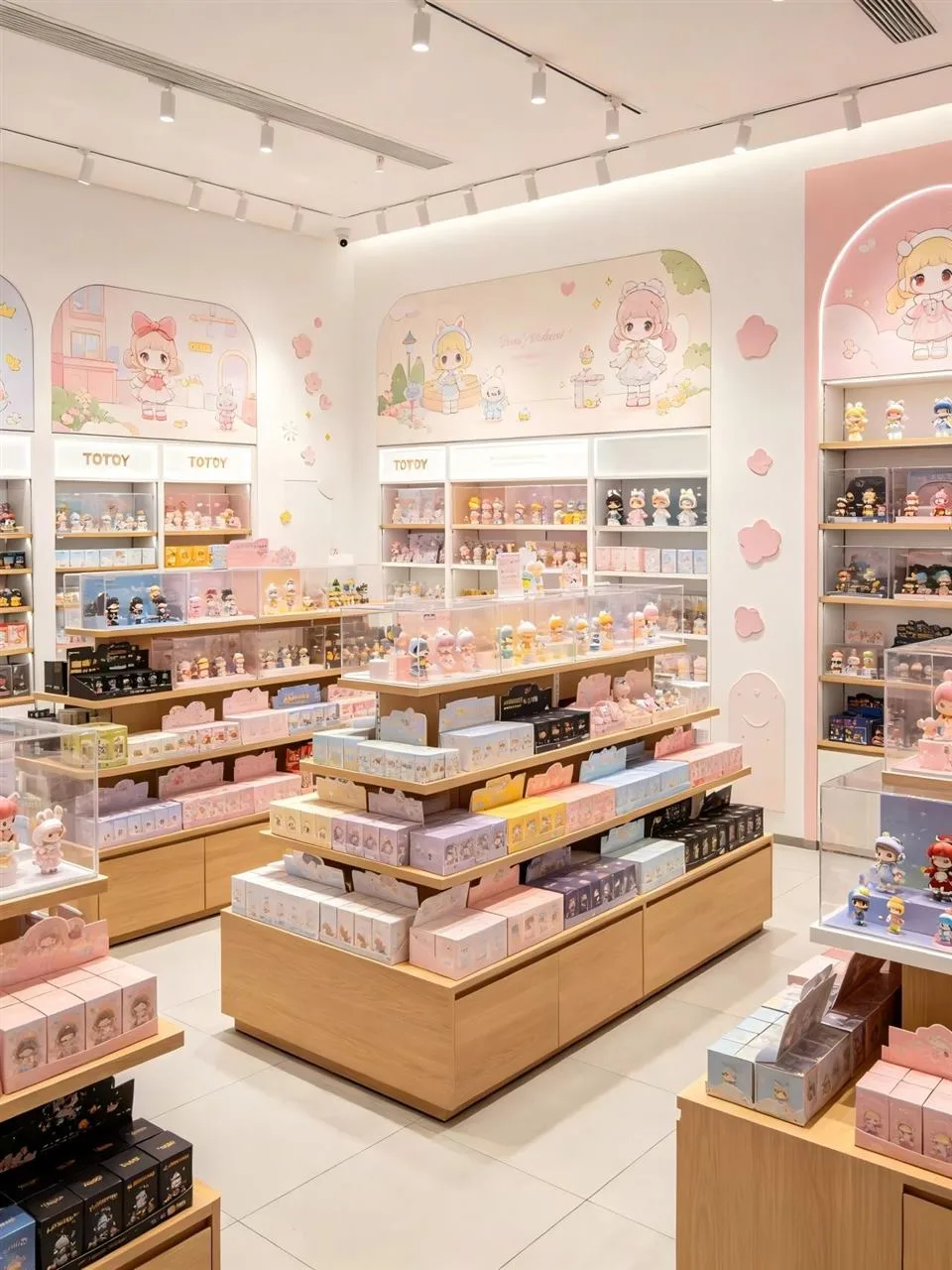 Warm Wood Toy Wall with Pink Graphic Insets — reference view 2 of 4