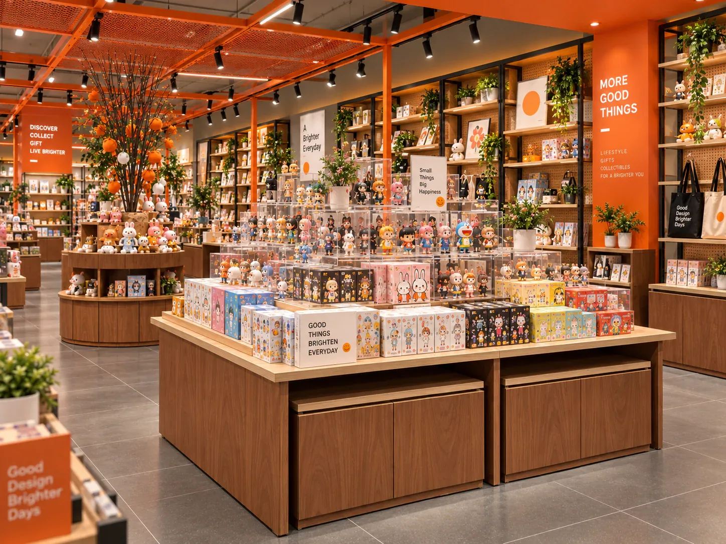 Orange Toy Store with Warm Wood Display Tables — reference view 2 of 6