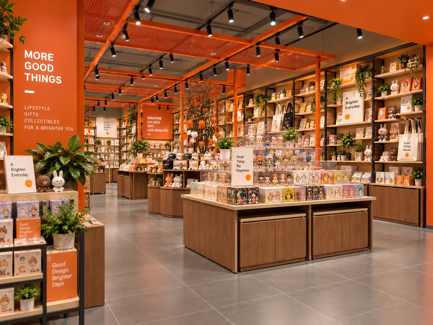 Orange Toy Store with Warm Wood Display Tables — reference view 3 of 6
