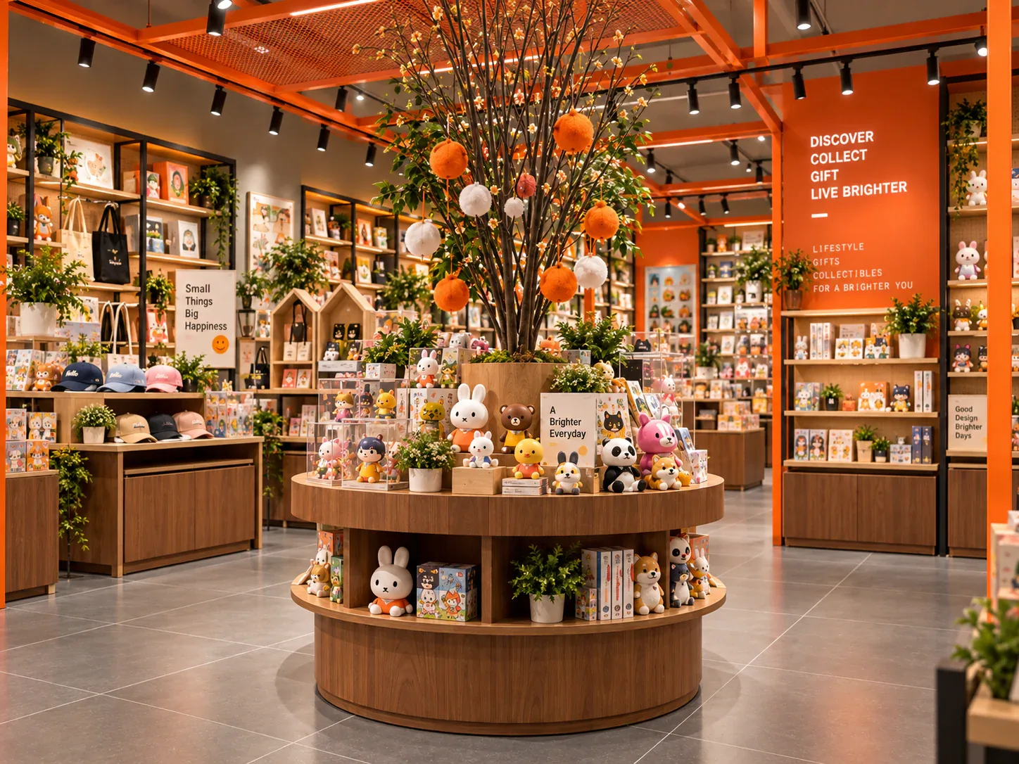 Orange Toy Store with Warm Wood Display Tables — reference view 4 of 6