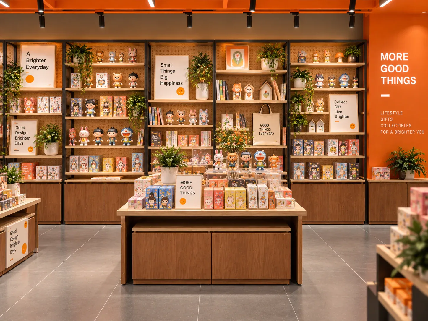 Orange Toy Store with Warm Wood Display Tables — reference view 5 of 6